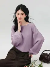 女性用 ビーズ装飾の長袖ニットセーター【ラウンドネック・ゆったりシルエット・春秋用】（セットアップ対応）