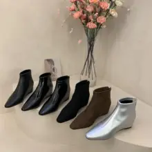 春秋用 フラットヒールショートブーツ【ソフトレザー・バックジッパー・アンクルブーツ・光沢仕上げ】