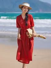 通勤にぴったりなVネック大ぶりスカート【高腰・赤・夏用・旅行やビーチに最適】