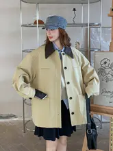 カーキ色のワークコート【秋用・春に最適・バルーン風・コントラストカラー・中長丈】