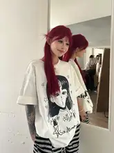 Tシャツ レディース 半袖 そばかす 女の子 プリント アメリカンスタイル ストリート オーバーサイズ ルーズ 色白見え 「Sixminu」
