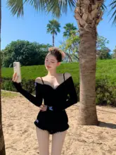 レディース 黒の長袖ワンピース水着【スタイルアップ・サポートバンド付き・温泉用・2点セット】