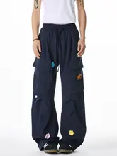 ユニセックス 春秋用ワイドフィット花柄刺繍カーゴパンツ【スタイル・クールなデザイン】（セットアップ対応）