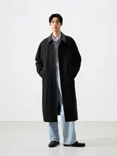 精紡ウール製 メンズロングコート【暗門襟・ゆったりシルエット】