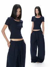 セットアップ レディース Tシャツ ショート丈 ワイドパンツ ドローコード 着痩せ ルーズ きれいめ 上品 通勤 夏「VATTY」