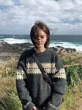 フェアアイランド柄のコントラストニットセーター【ラウンドネック・フィット・温かい】