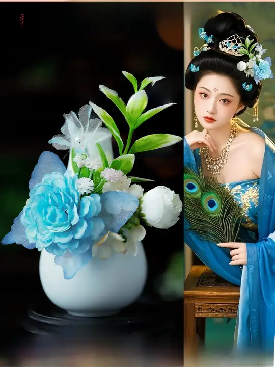 古風漢服用ヘッドアクセサリー【シルクフラワー・ブルーの蝶と花・サイドクリップ】