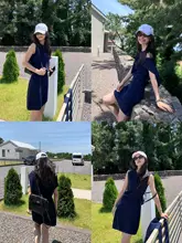サマースタイルのノースリーブトップスとAラインスカート【肩掛けデザイン・ハイウエスト】（セットアップ対応）