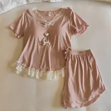 胸パッド付き 春夏用レディース半袖レースパジャマ【極上の柔らかさ・モダールコットン・ホームウェア】（セットアップ対応）