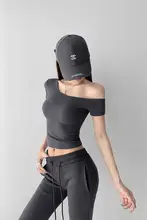 セクシーな斜めネックオフショルダー半袖Tシャツ【夏用・フィットデザイン・クロップ丈】