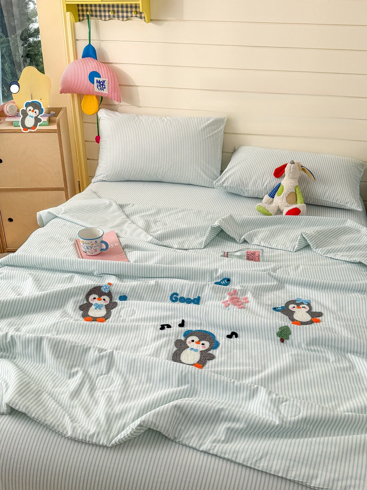 夏用クールケット：子供向け高透气100%棉製タオル刺繍涼しい寝具セット