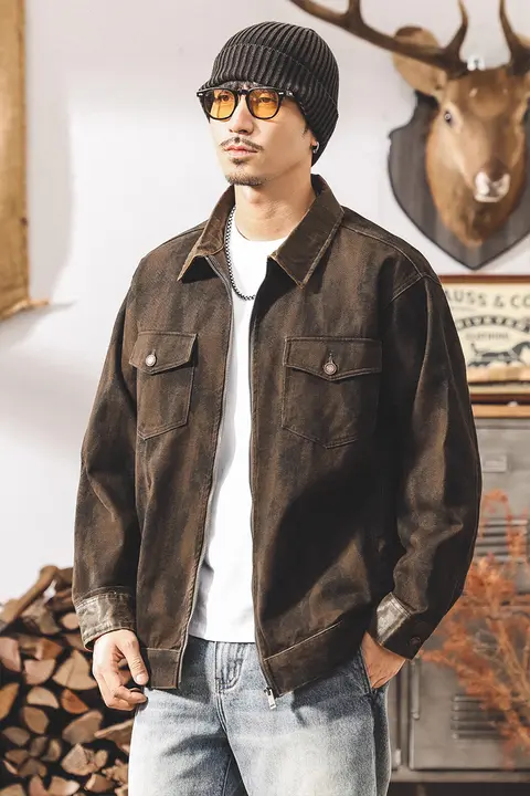 アメリカンレトロなヴィンテージ加工の工装ジャケット【春秋用・ワイドフィット・メンズ】