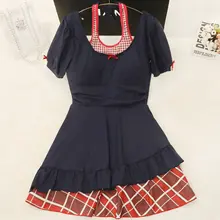 甘めデザインのヴィンテージ風チェック柄一体型水着【スカートスタイル・温泉向け】