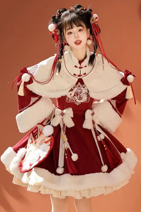 中華風ロリータコートクリスマス用赤い戦袍ドレス（セットアップ対応）