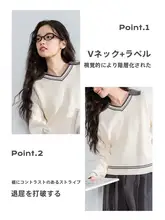 LAGOGO Vネックバイカラーストライプ落肩ニットトップス【女性用・NCMM439G76】