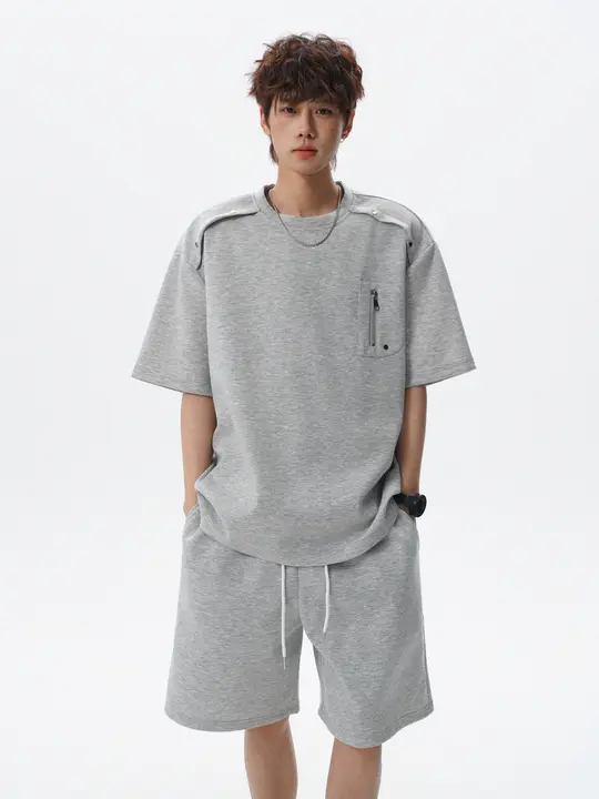 夏用 メンズ アスレチックTシャツ【解構デザイン・短袖】と ダイナミックパンツ【ウエストゴム・紐付き】（セットアップ対応）