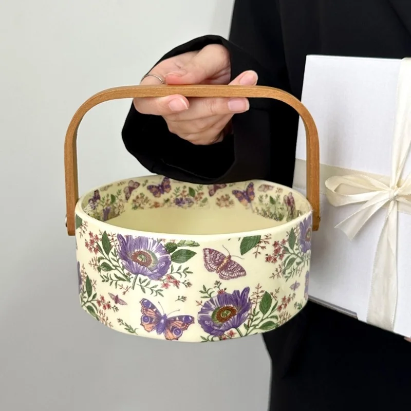 ビンテージデザインの紫菀花陶器製フルーツバスケット：おしゃれなピクニックやホームパーティーに最適な収納ソリューション