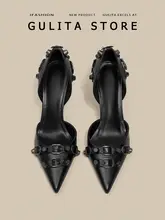 Gulita ブラック ポインテッドトゥ ハイヒール【細ヒール・スタッズデザイン・フランススタイル】