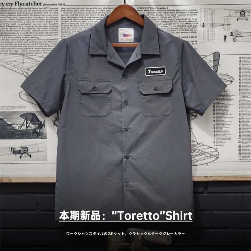 アメリカンビンテージ風 ハードボディ半袖シャツ【薄手・ダークグレー・翻領】
