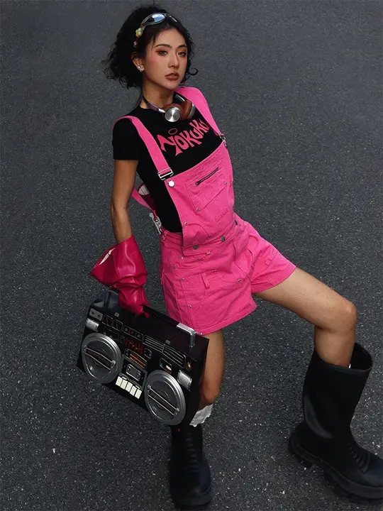 ヴィンテージ風ハイストリートパンツ【多ポケット・サロペットデザイン・女性用】（セットアップ対応）