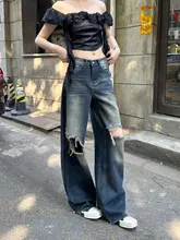 Tristine 女子用デニムパンツ【春夏用・ルーズフィット・ヒゲデザイン・クラッシュ加工・ロング丈】