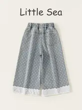 春季向けレトロスタイル 女の子用デニムパンツ【フリル付き・ドット柄・ワイドレッグ】（セットアップ対応）