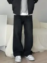 阿XIAN ブラック ヴィンテージ ストレート ワイドパンツ【中腰・ノンストレッチ・デニム】
