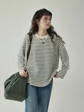 ストライプデザインの長袖Tシャツ【女性用・ラウンドネック・春秋用・フィット】
