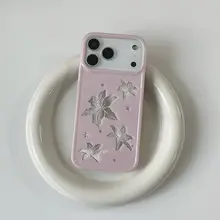 ハンドメイドのフラワーデザインiPhoneケース【百合と星のモチーフ・落下防止】