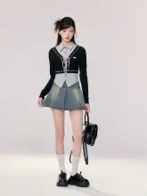 春のコントラストデザインのフェイク二重トップス【デニムスカート付き・カジュアルスタイル】（セットアップ対応）