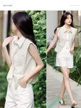 清涼感のあるストライプ柄リネン風翻领シャツ【ショート丈・レディース】