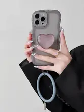iPhone 16 Pro Max用 グレー 手首ストラップ付き ケース【ハート型スタンド・透明・全包型・衝撃吸収】