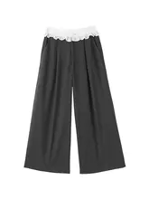 深灰色フリル付きワイドパンツ【夏用・フィット・スリム効果】