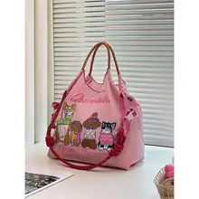 柴犬刺繍トートバッグ【ピンク・ナイロンキャンバス・肩掛け・通勤用】