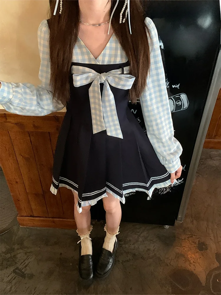 学院風ドッキングドレス：かわいい制服スタイルの春用セットアップ対応デザイン
