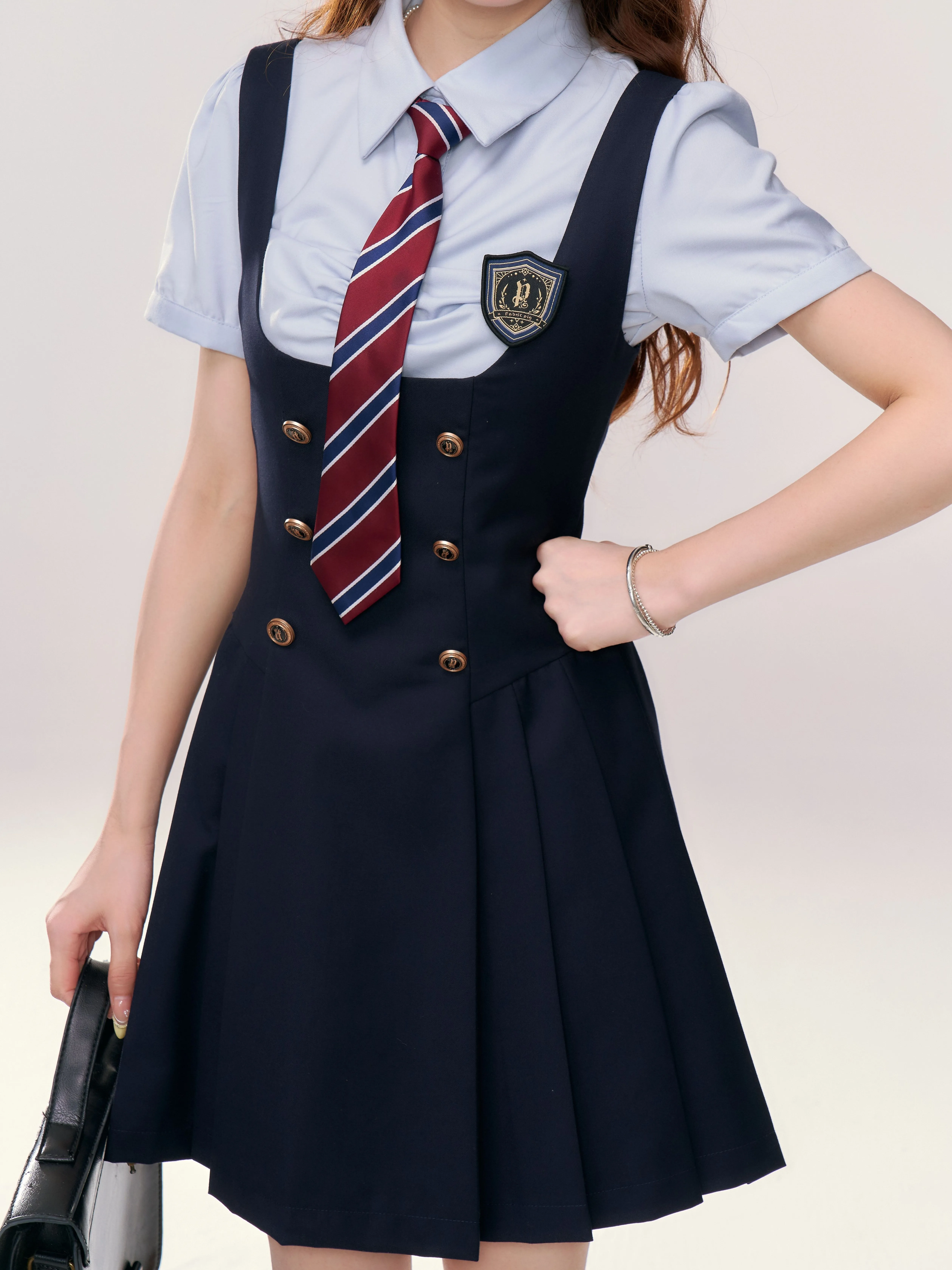 二色使いの学園風シャツとJK制服のベストドレス【セットアップ対応】：ダサい学生服と可愛い女子校制服のバランスを実証