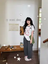 かわいいカートゥーンデザインの短袖長パンツパジャマ【春夏用・ストライプ・クマ柄】（セットアップ対応）