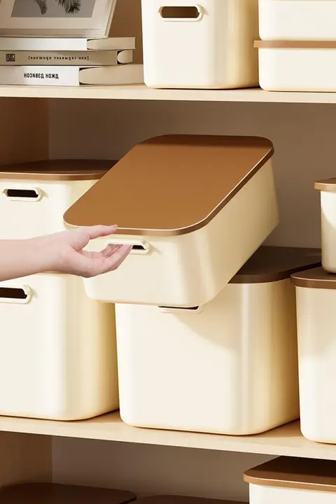 プラスチック製収納ボックス【厚型・長方形・蓋付き・リビング用・お菓子やおもちゃ整理用】