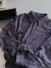 グレー紫のチェックシャツ【秋用・アンティーク加工・皺になりにくい・フィット】