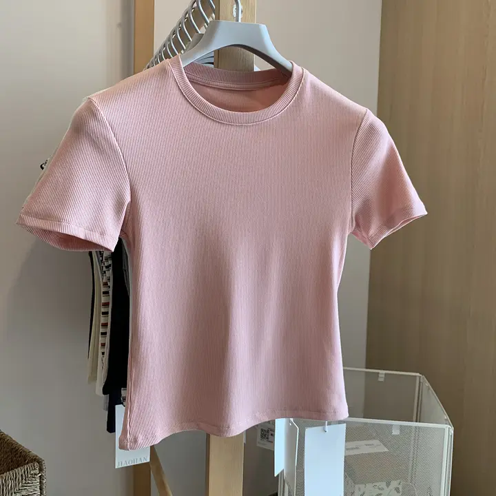 リブ編みラウンドネックショートスリーブTシャツ【レディース・スリムフィット・夏用・韓国風】（セットアップ対応）