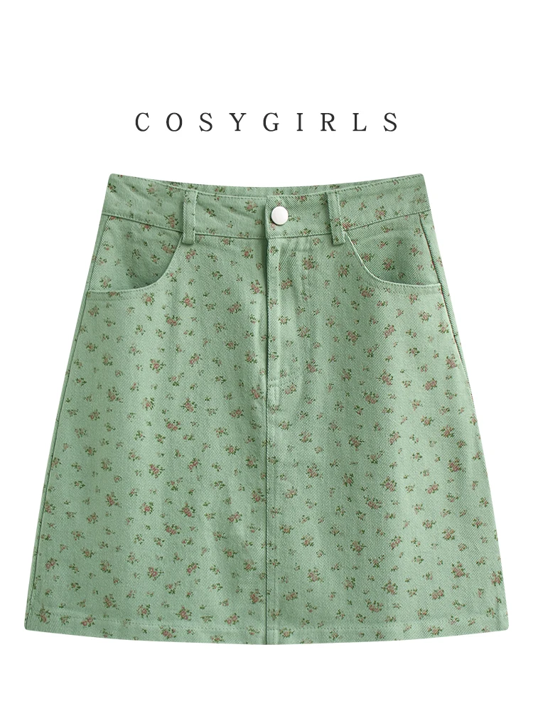 女性用夏用スウィートフラワープリントAラインミニスカート：ハイウエスト設計とシェイプアップ効果の実用性