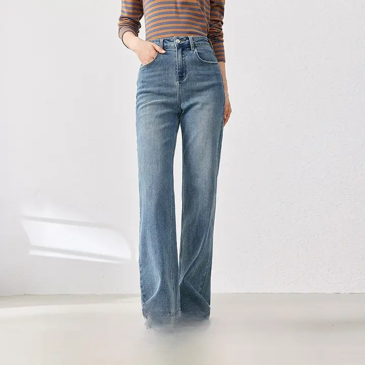 高腰デニムパンツ【水洗い加工・ストレート・ワイドレッグ】