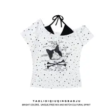 星柄プリントの斜め肩短袖Tシャツ【レディース・夏用・シルエットを美しく見せるデザイン・ショート丈】