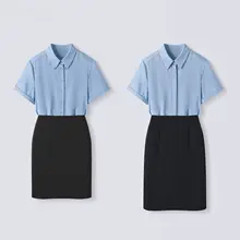 ブルーの職業用ブラウス【夏用・短袖・スリムフィット・大学生向け】（セットアップ対応）