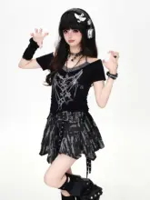 短丈Tシャツ レディース アメリカン風 ラインストーン ネックレスプリント フェイクレイヤード ホルターネック ウエストシェイプ 着痩せ 薄手 夏 「crazygirl」