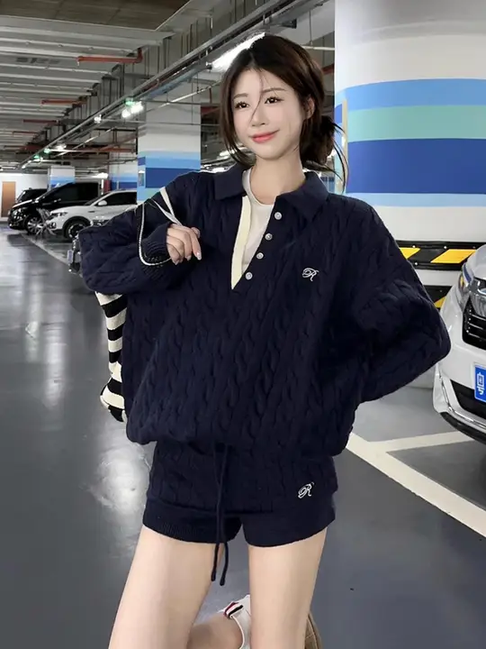 春秋用トレンドニットウェア【ルーズフィット・翻領セーター・ショートパンツ・（セットアップ対応）】