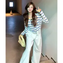 上品なストライプニット・カーディガン【春秋用・小柄対応・二点セットアップ対応】