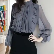 高級シフォン立衿ブラウス【フリルデザイン・長袖・春秋対応】（セットアップ対応）