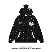 刺繍入り猫柄フルプリントフード付きカーディガン【春用・グレー・ユニセックス・ゆったりデザイン】