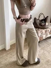 デザイン性のある女性用ローウェストスーツパンツ【カジュアル・秋用・カーキ・ストレート】（セットアップ対応）